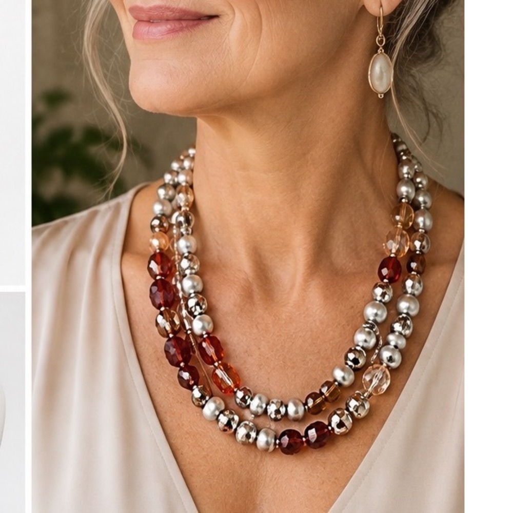 Chicos Multistrand Lg Beaded Statement Necklace Layered Glass Pearl Big Glass